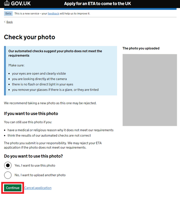 使用网站申请英国ETA_Step6_上传申请人照片