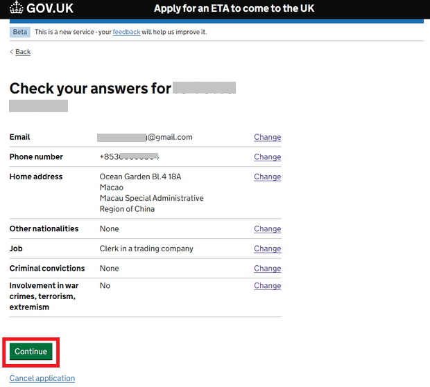 使用网站申请英国ETA_Step12_确认资料