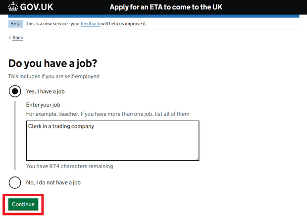 웹사이트를 사용하여 영국 ETA 신청_Step9_직업