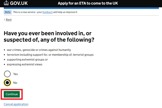 웹사이트를 사용하여 영국 ETA 신청_Step11_범죄 연루