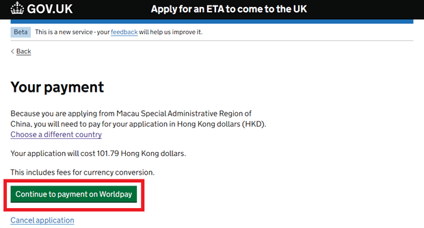 웹사이트를 사용하여 영국 ETA 신청_Step13_신청 수수료 지불